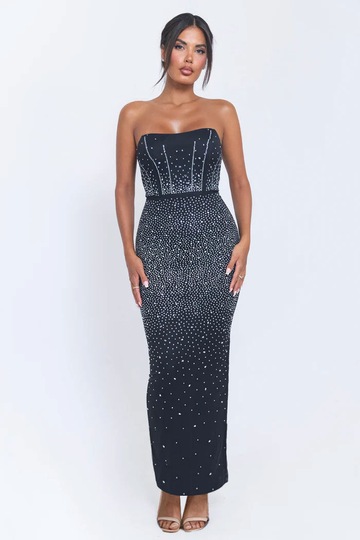 Sexy Beaded Strapless Elastic Back Slit Slim Long Dress 3