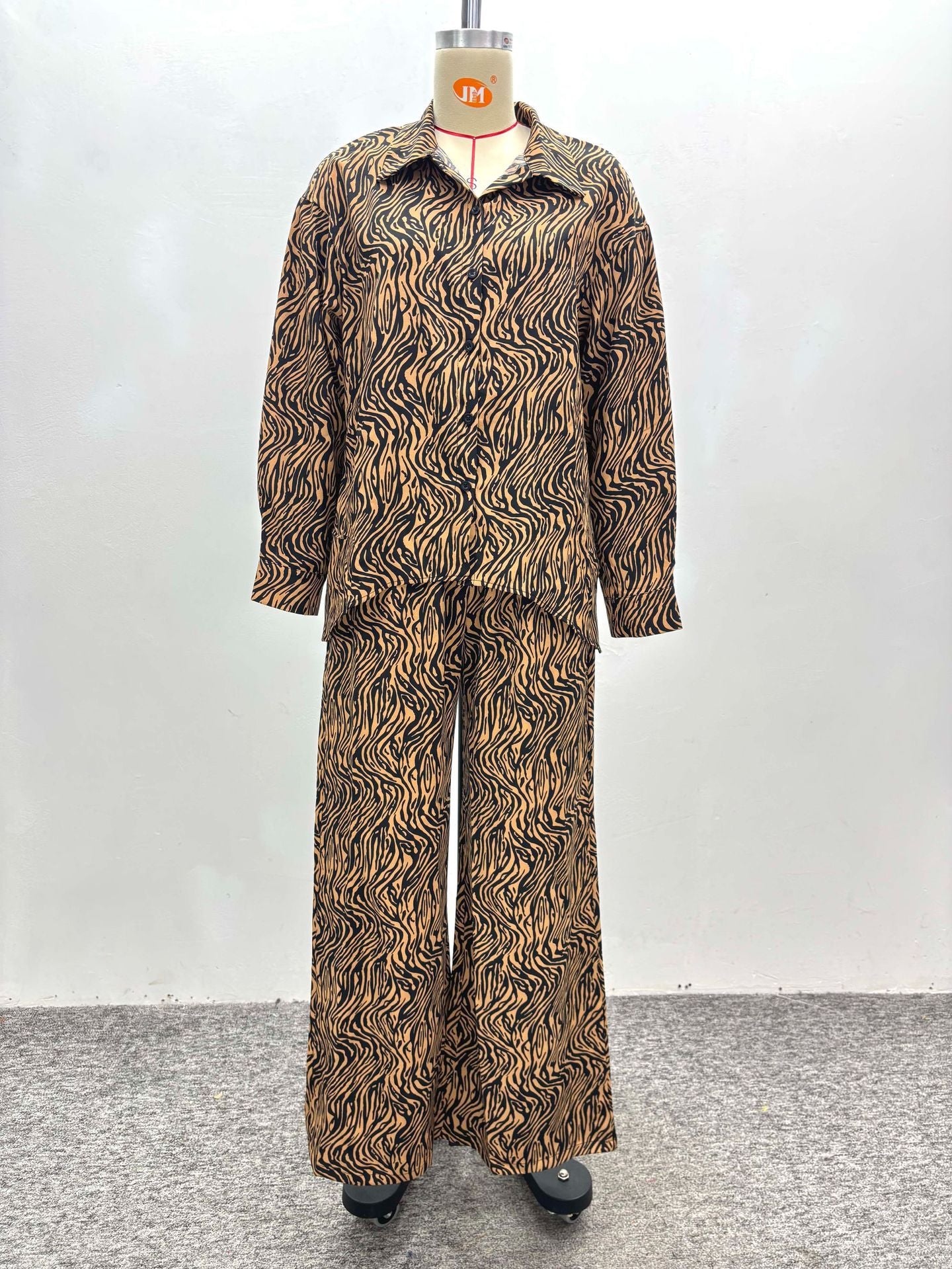 African Zebra Print Long Sleeve Shirt Wide Leg Pants Two Piece Set 9