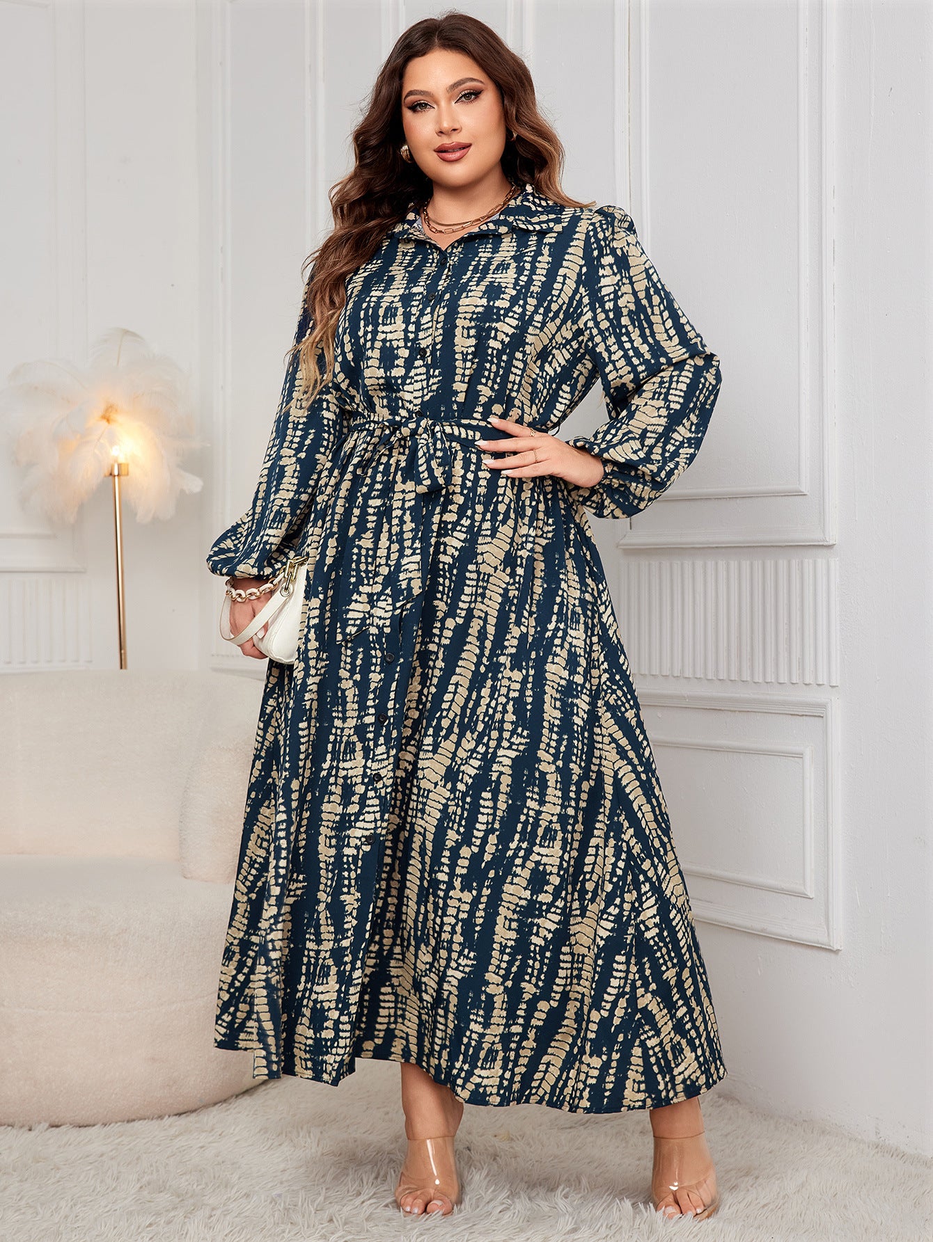 Plus Size Printed Trundown Collar Long-Sleeved Belt Maxi Dress 6