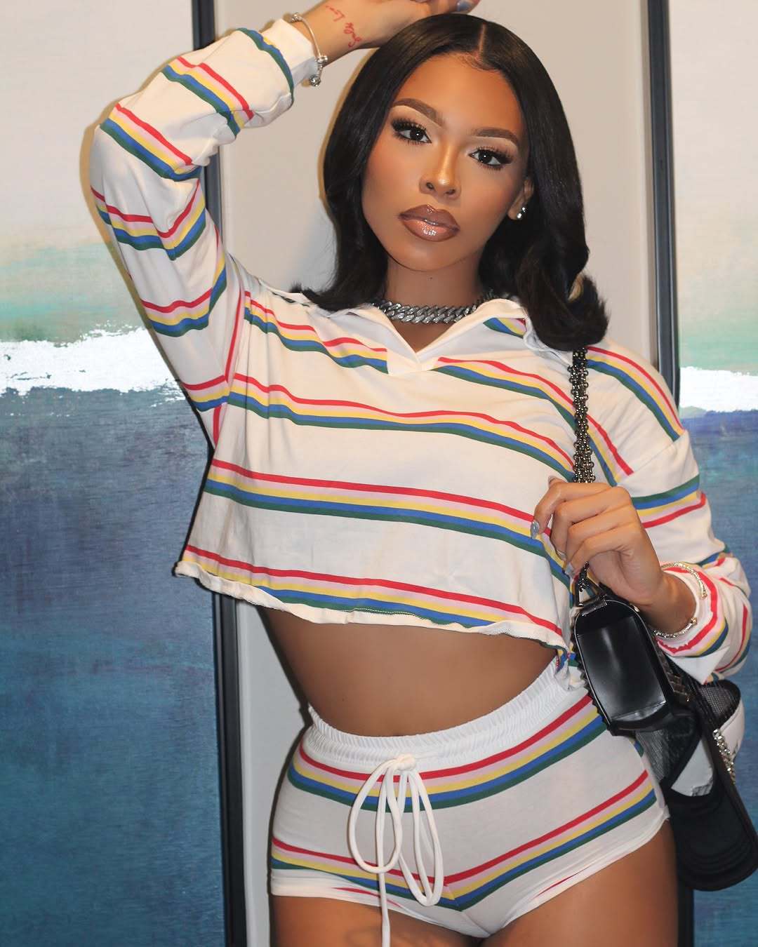 Women Striped Print Shirt Collar Top and Lace-Up Shorts Two-Piece Set