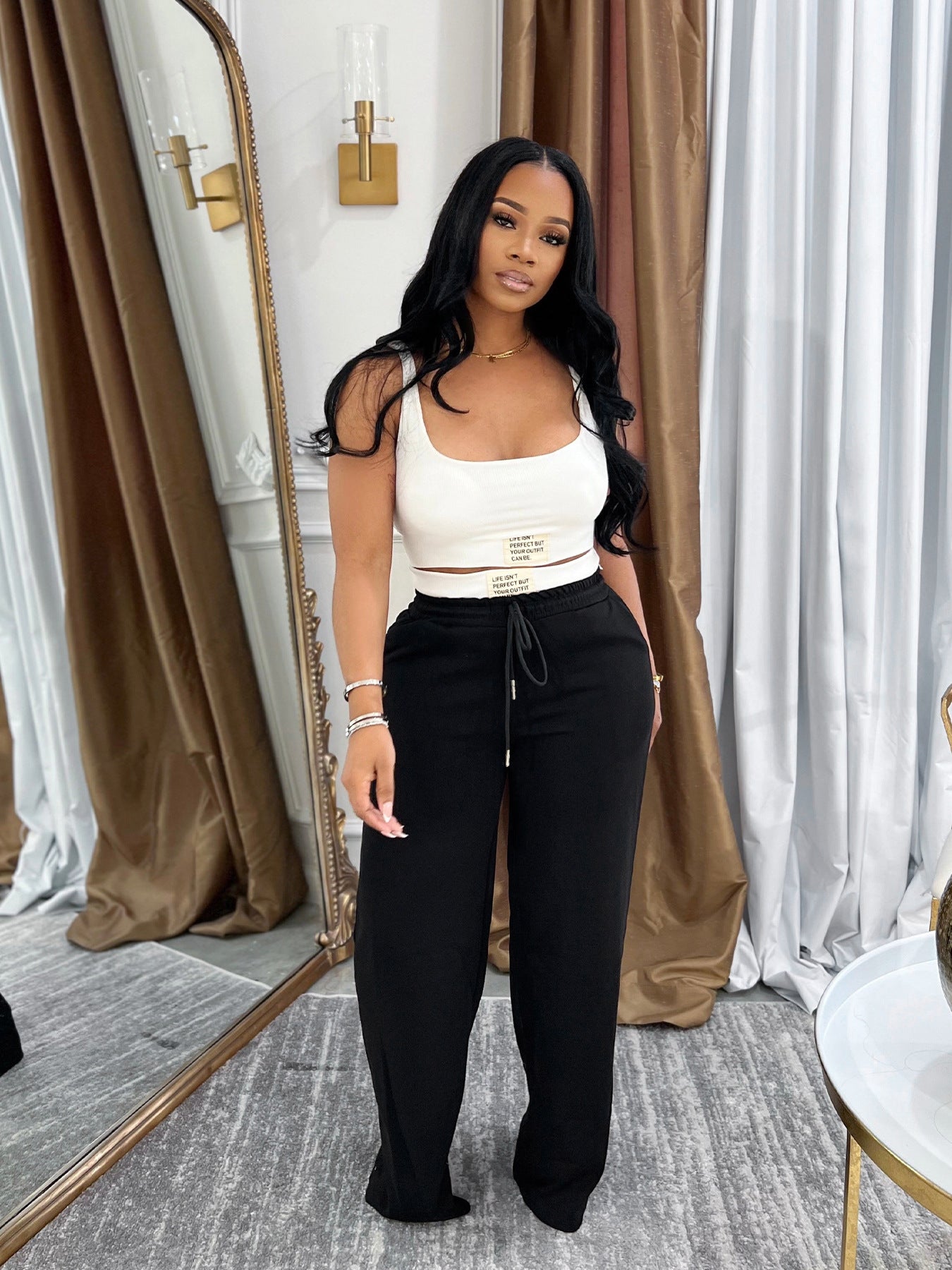 Women Sports Tank Top and Drawstring Wide-leg Pants Two-piece Set