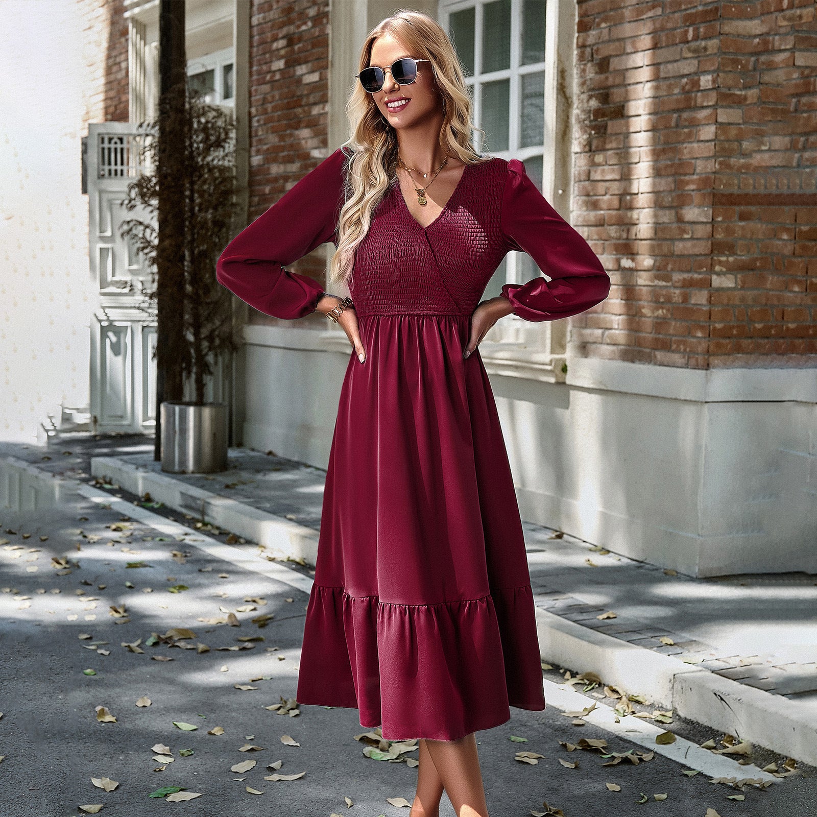 Women's Autumn And Winter V-Neck Solid Color Dress 8