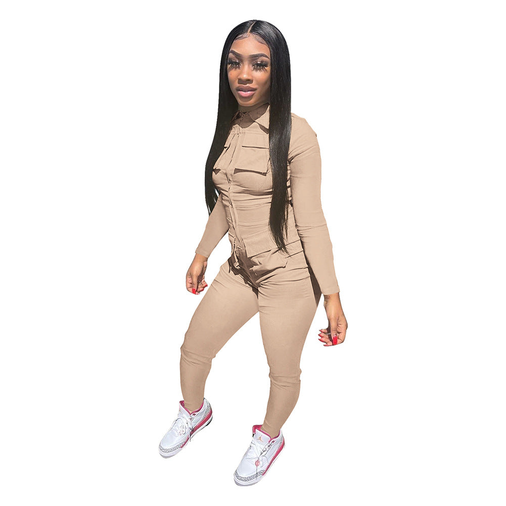 Women's Fall/Winter Solid Color Zip Pocket Cargo Jumpsuit 10