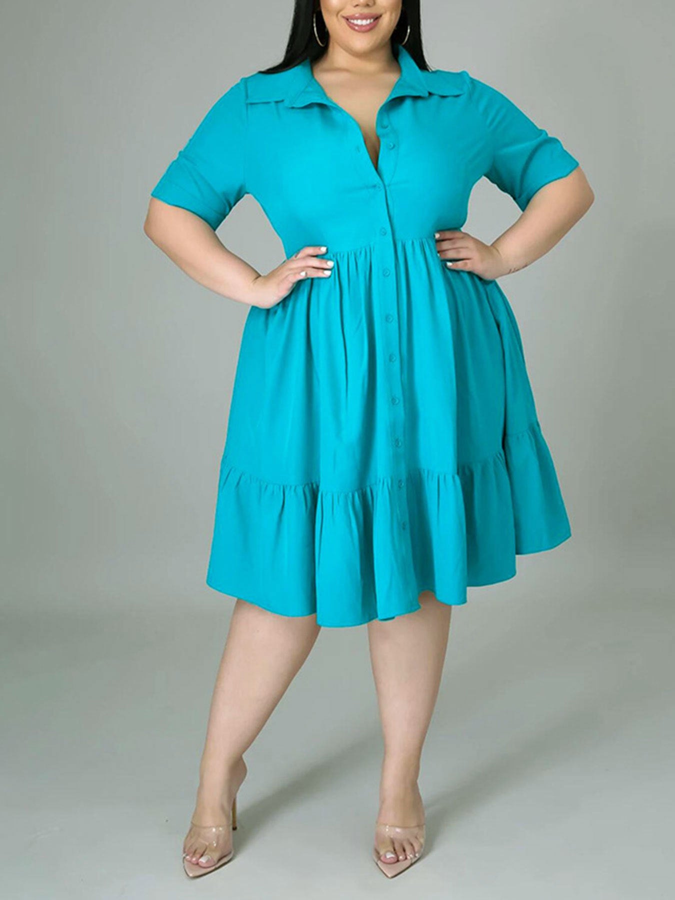 Plus Size Women's Chic Turndown Collar Short-Sleeved High Waist A-Line Buttoned Shirt Dress