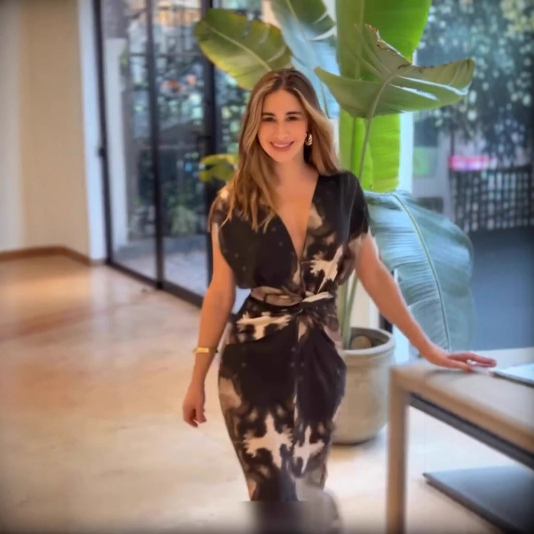 Women Spring Casual Waist Cross Print Tie-dye Dress 5