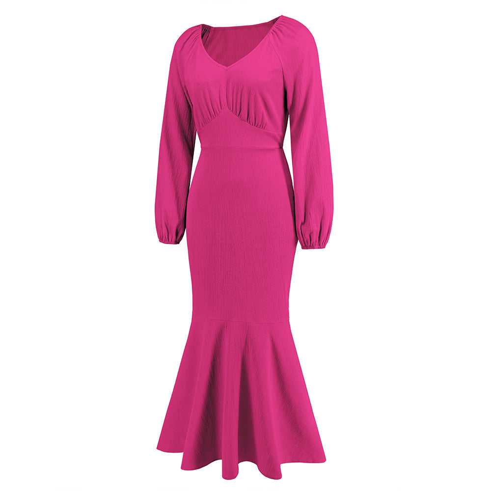 Plus Size Women V Neck Long Sleeve Mermaid Dress 17
