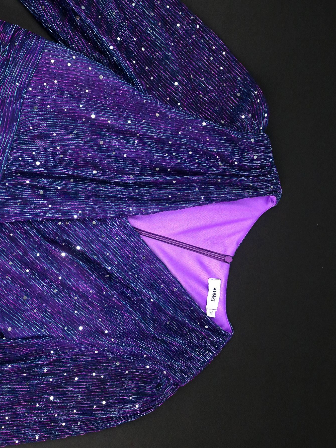 Sexy V-Neck Sequin Long-Sleeve Dress Purple Elegant Formal A-Line Gown 7