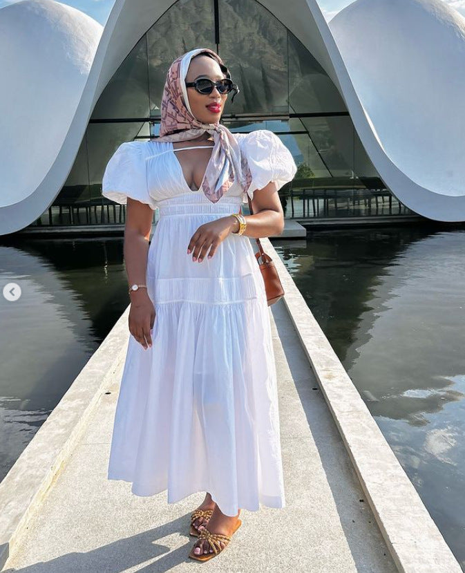 Women Spring V-Neck Zipper Puff Sleeve Hollow Maxi Dress 7