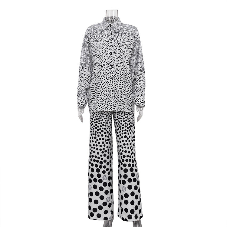 Polka Dot Print Loose Long Sleeve Shirt Wide Leg Pants Fashion Two Piece Set 6