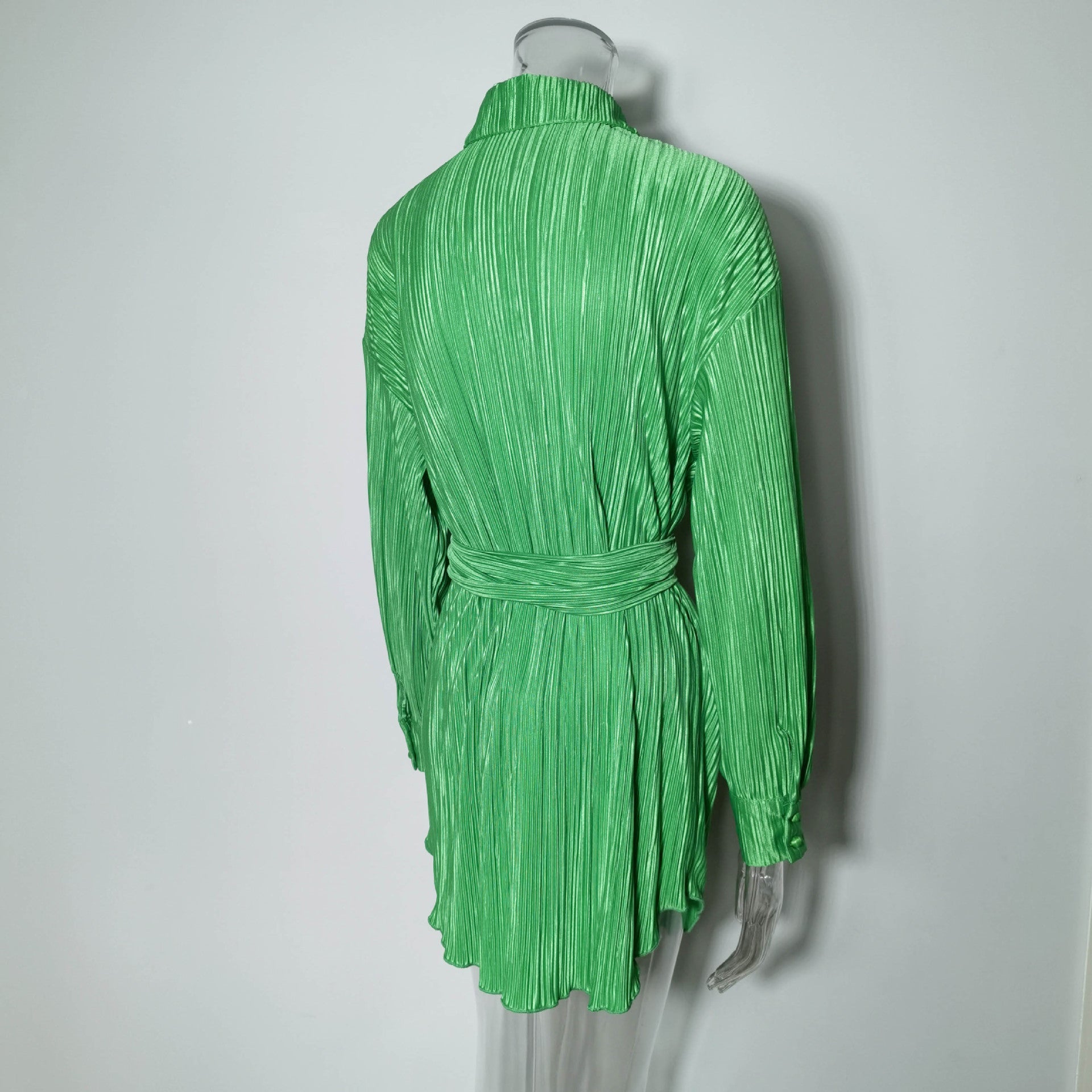 Women Pleated Long Sleeve Belted Shirt Dress 20