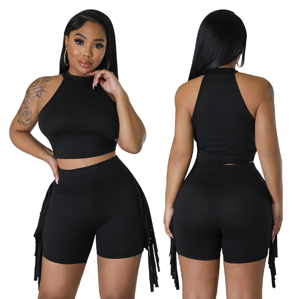 Women Sleeveless Round Neck Top and Tassel Shorts Casual Two-Piece Set