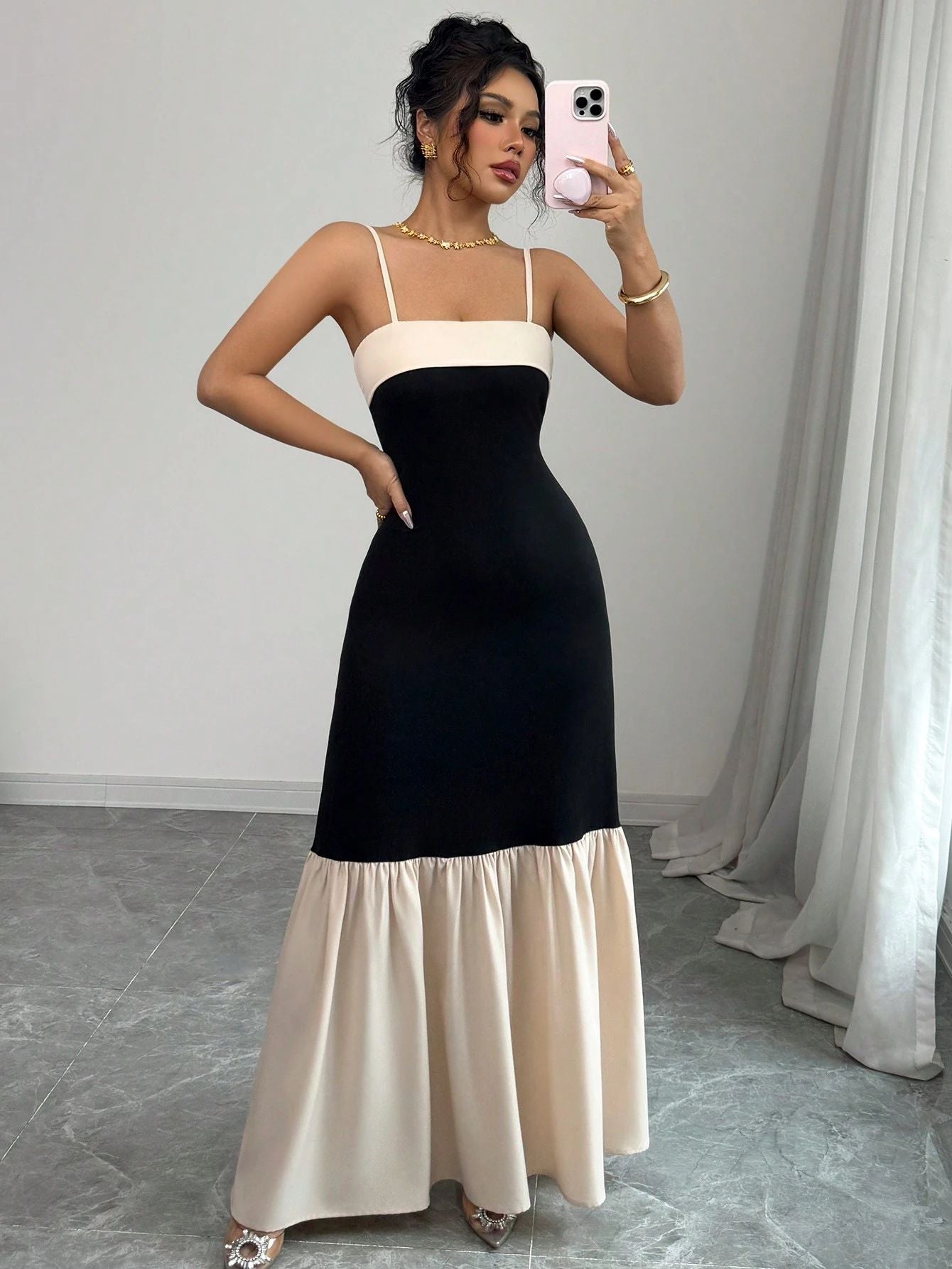 Women Suspender Contrast Patchwork Pleated Dress