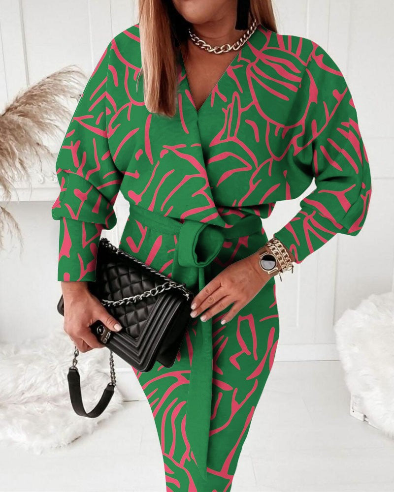 Autumn Print V-Neck Sexy Fashion Long Sleeve Dress 5