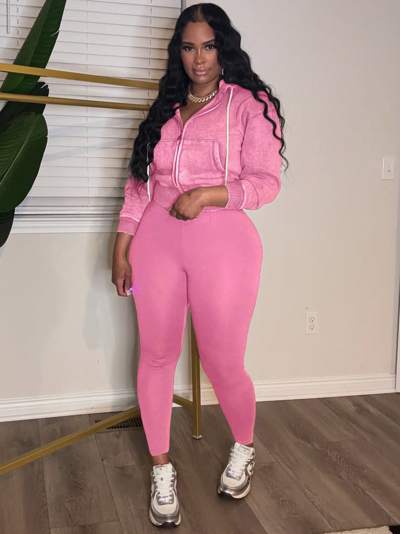 Fashion Women's Washed Zipper Hooded Top Yoga Pants Sport Casual Two-Piece Set 21