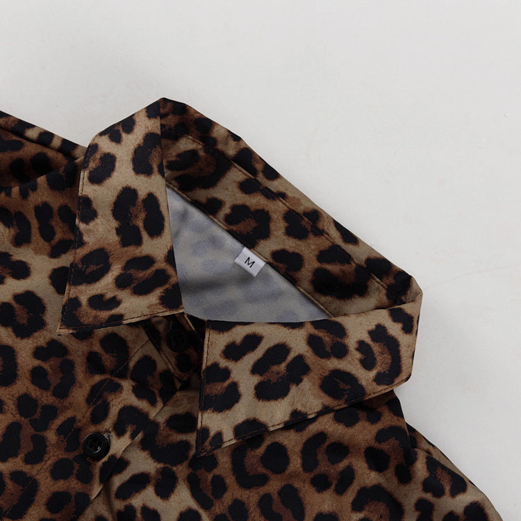 Women Leopard Print Patchwork Feather Long Sleeve Shirt Wide Leg Pants Two-Piece Set 6