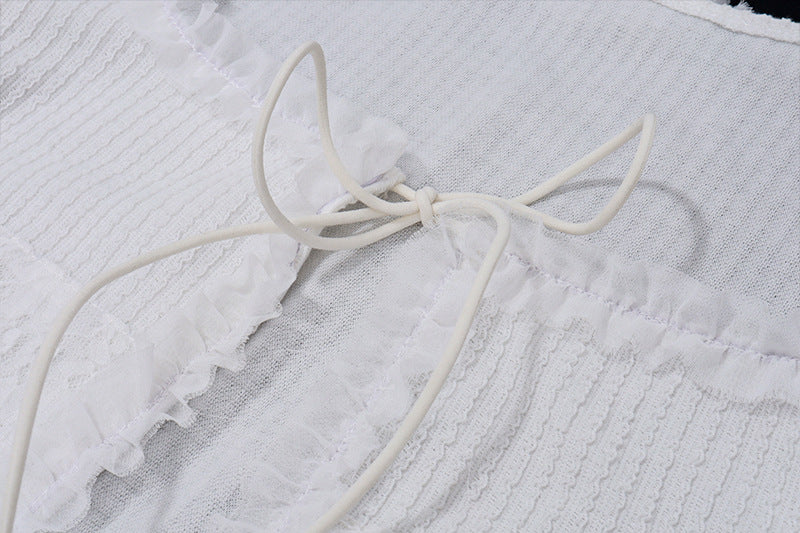 Women Sexy Square Neck Knitting Cardigan Bell Bottom Sleeve Ruffle Top and Shorts Two-piece Set 15