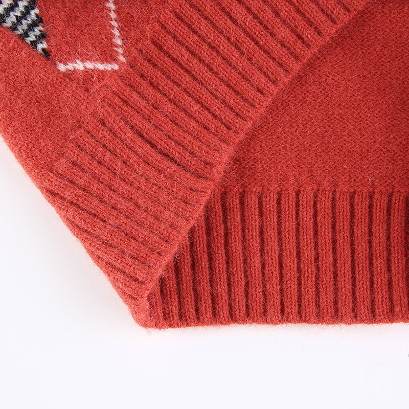 Women Solid Plaid Sleeveless V-Neck Sweater 48