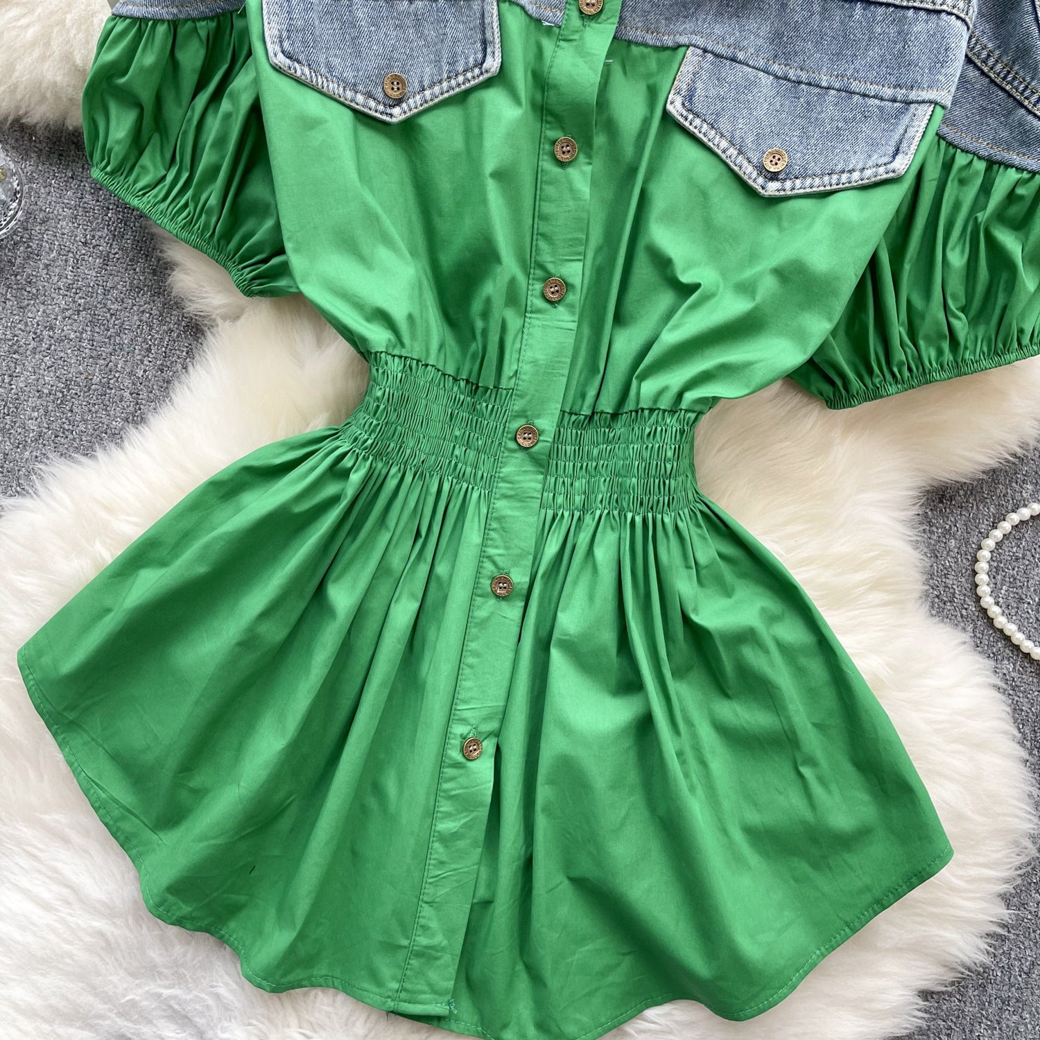 Women Contrast Patchwork Puff Sleeve Stretch Shirt 29