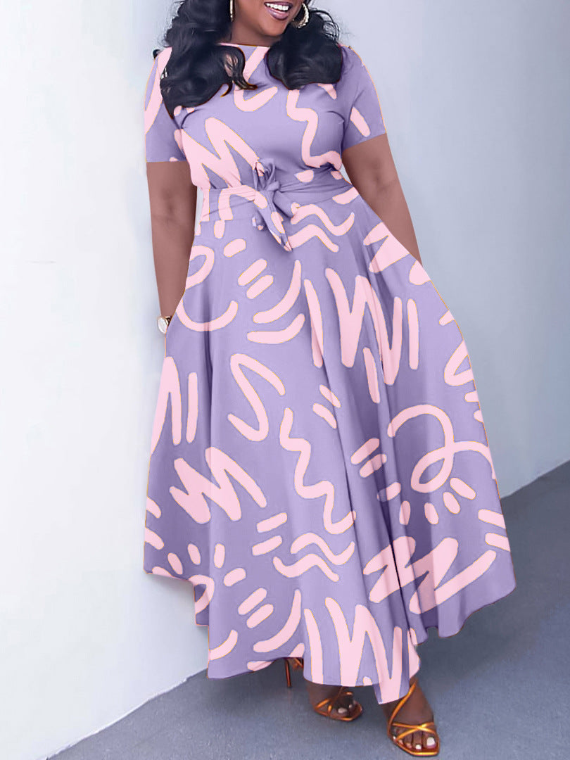 Women African Round Neck Printed Short Sleeve Dress 4