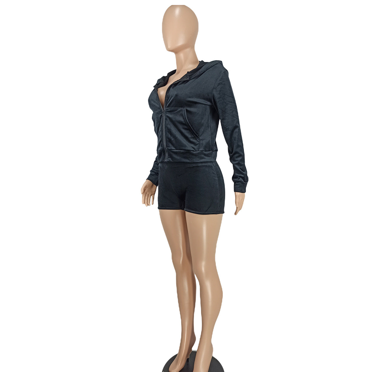 Women's Fashion Casual Solid Velvet Hooded Two-Piece Shorts Set 11