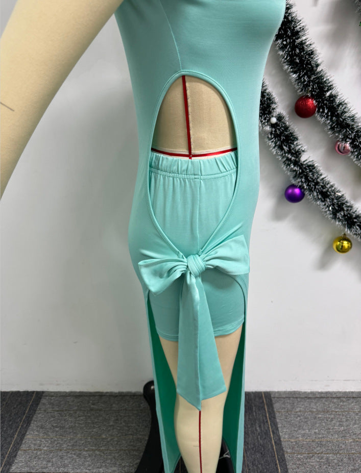 Sexy Solid Color Hollow Stretch Tight Fitting Slit Lace-Up Midi Dress Shorts Two Piece Set 13