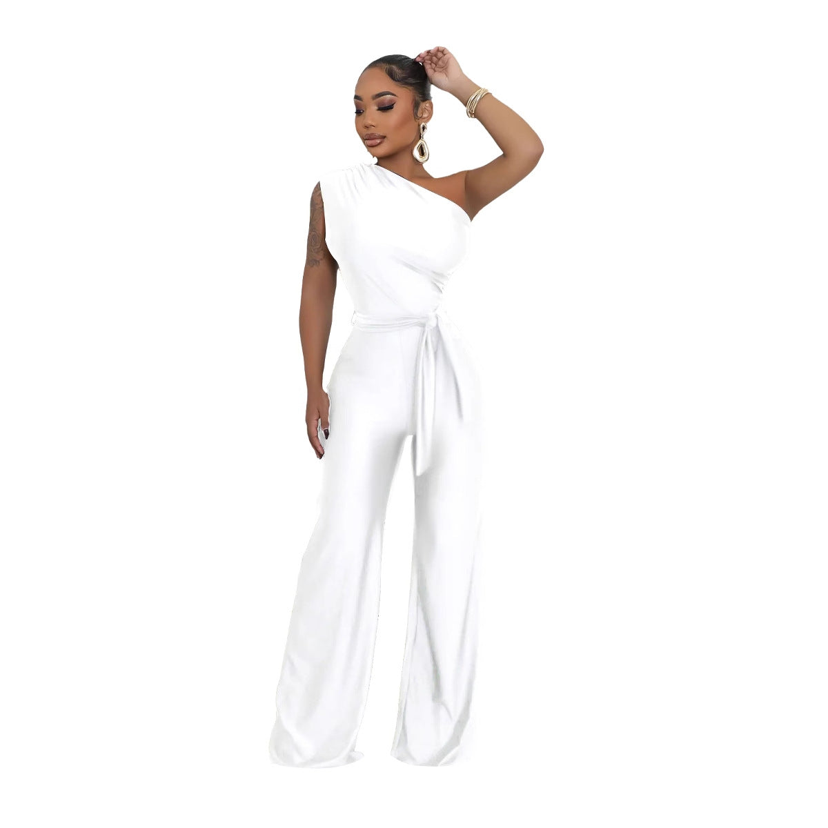 Women's Sexy Solid Color Fashion One-Shoulder Slash Shoulder Jumpsuit 6