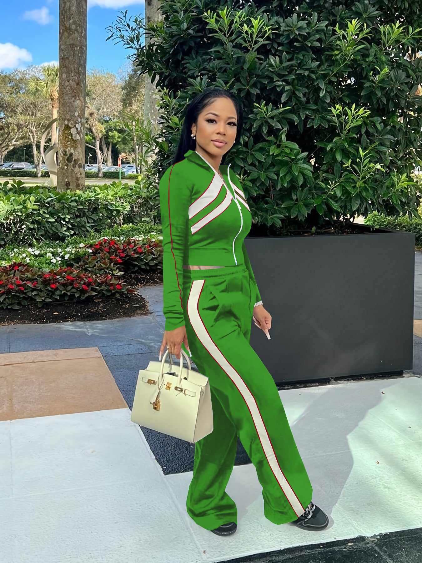 Women Style Street Zipper Contrast Patchwork Top and Pant Set 13