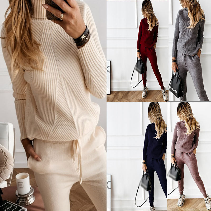 Women turtleneck Solid Casual sweater + trousers two-piece set