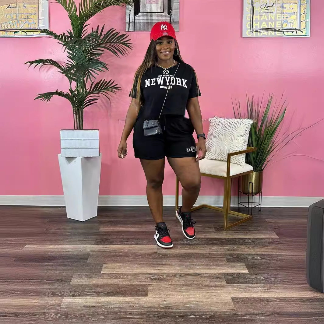 Women's Summer Fashion Casual Loose Women's Short Sleeve T-Shirt Shorts Set 4