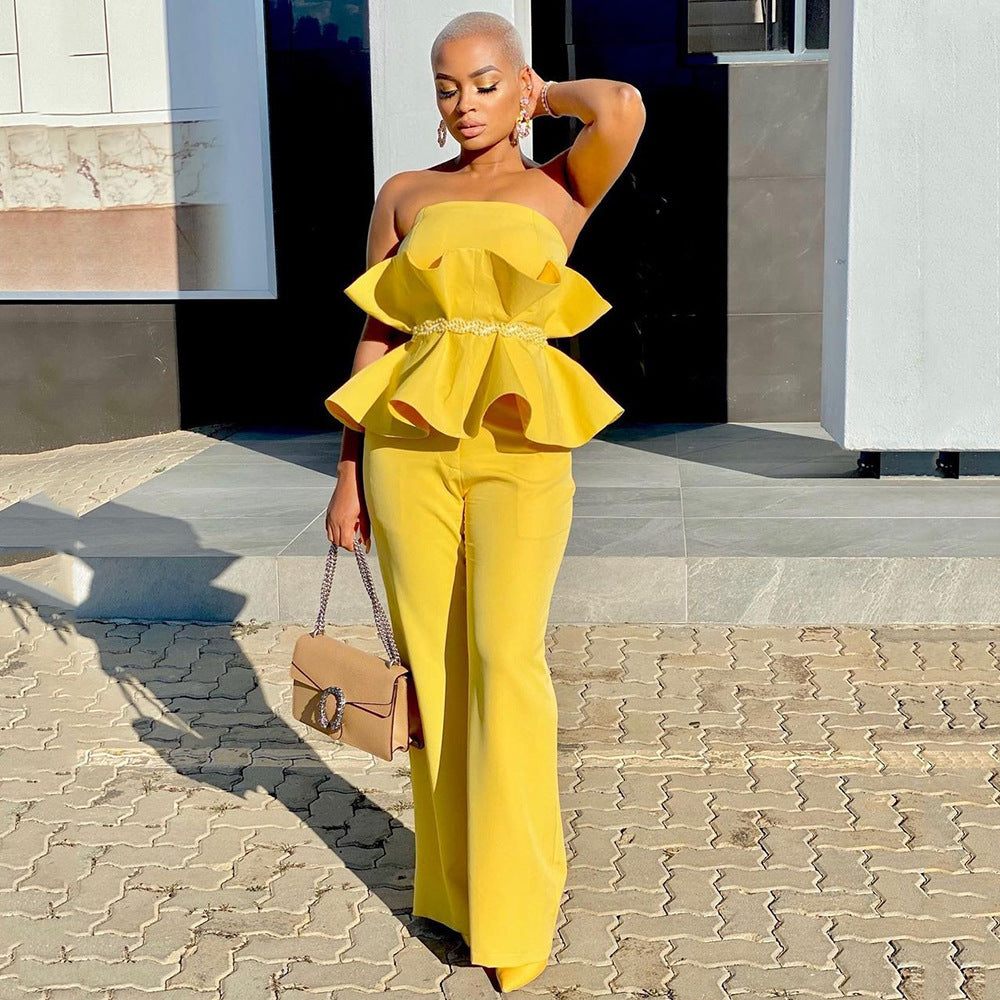 Women Solid Strapless Elegant Ruffle Top+ Wide Leg Pants Style Two Piece