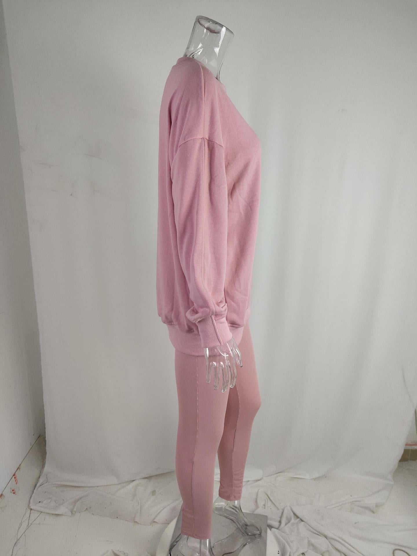 Women Loose Round Neck High Waist Sports Long Sleeve Top and Pant Casual Two-piece Set 15