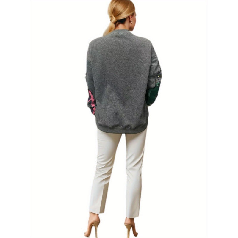 Autumn And Winter Women's Warm Fleece Round Neck Loose Printed Sweatshirt