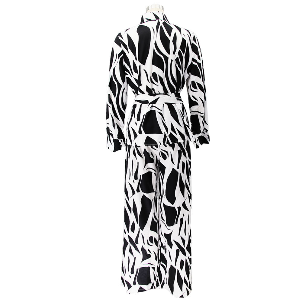 Women Irregular Printed Shirt and PantCasual Two-piece Set including Belt 12