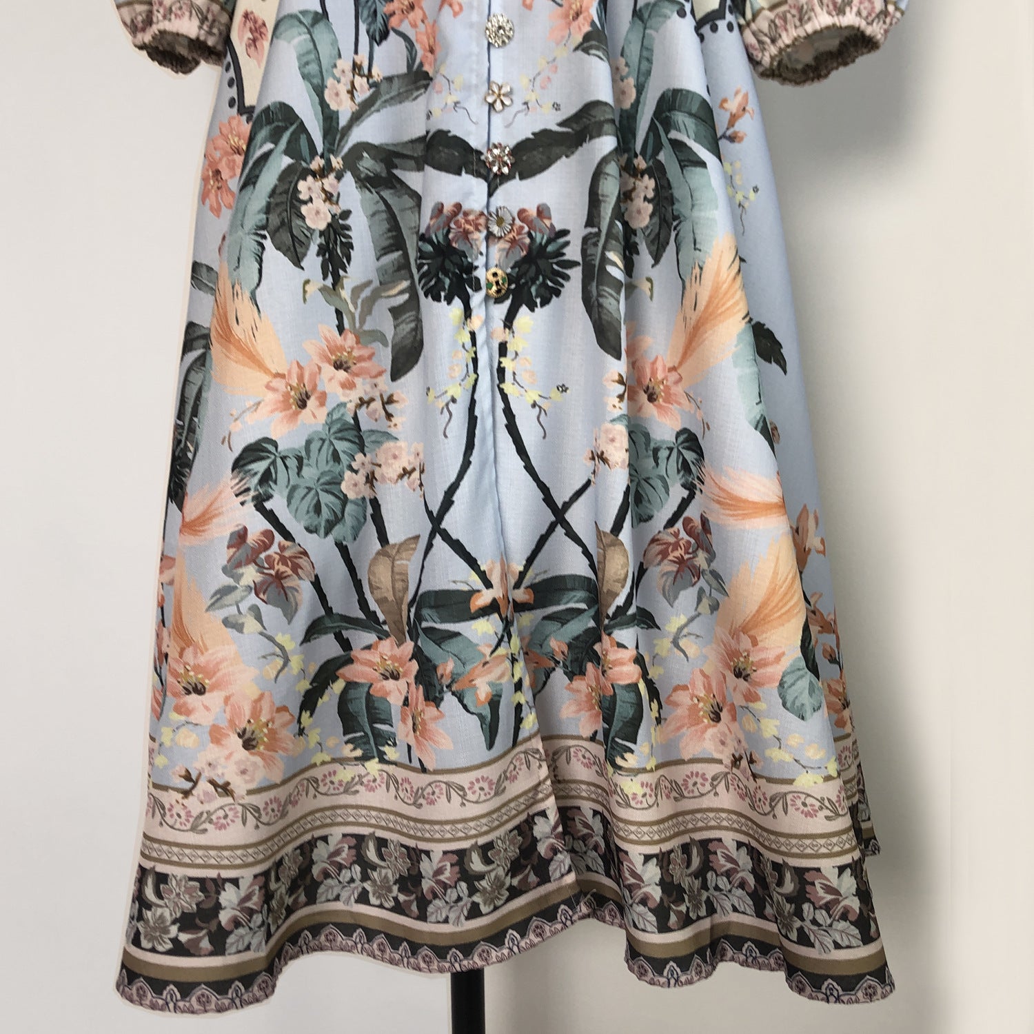 Elegant Print Row Jewelry Button Floral Lantern Sleeve Midi Dress with Belt 21