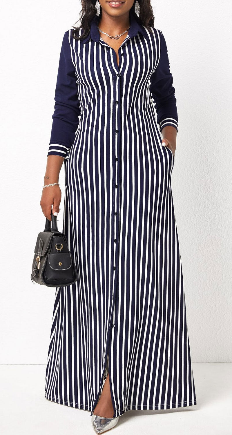 Women's Casual Shirt Outerwear Women's Striped Long Sleeve Shirt Dress 4