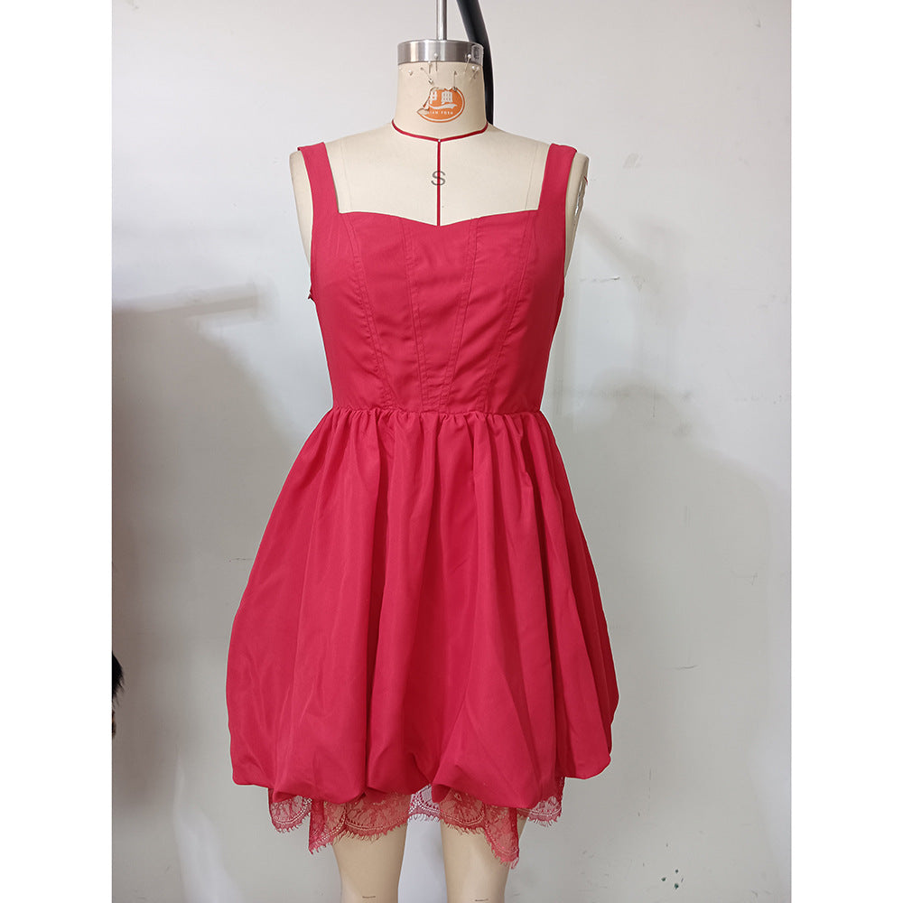 Women sexy suspenders red lace summer Backless Formal Party Dress 7