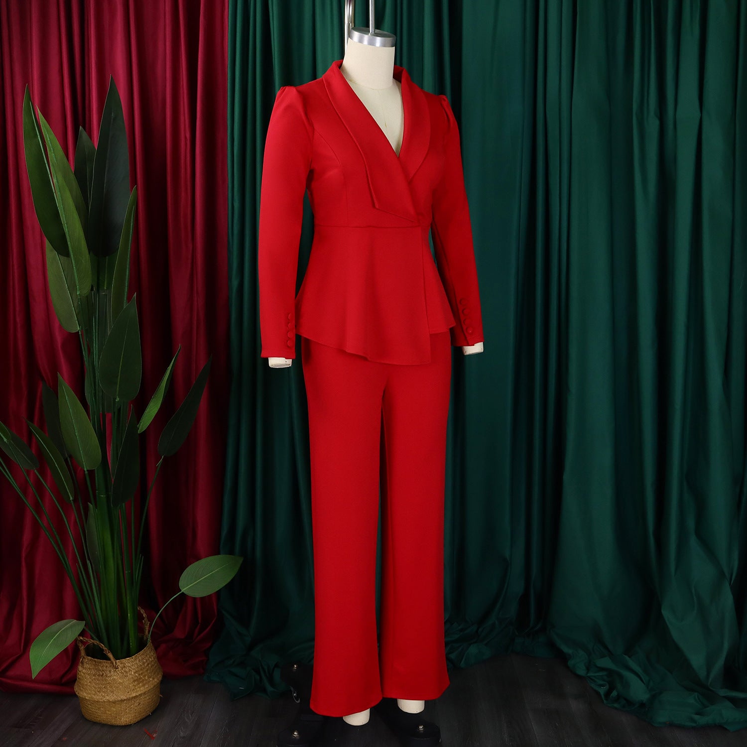 Women Elegant Ruffle Top Wide Leg Pants Two-Piece Set 14