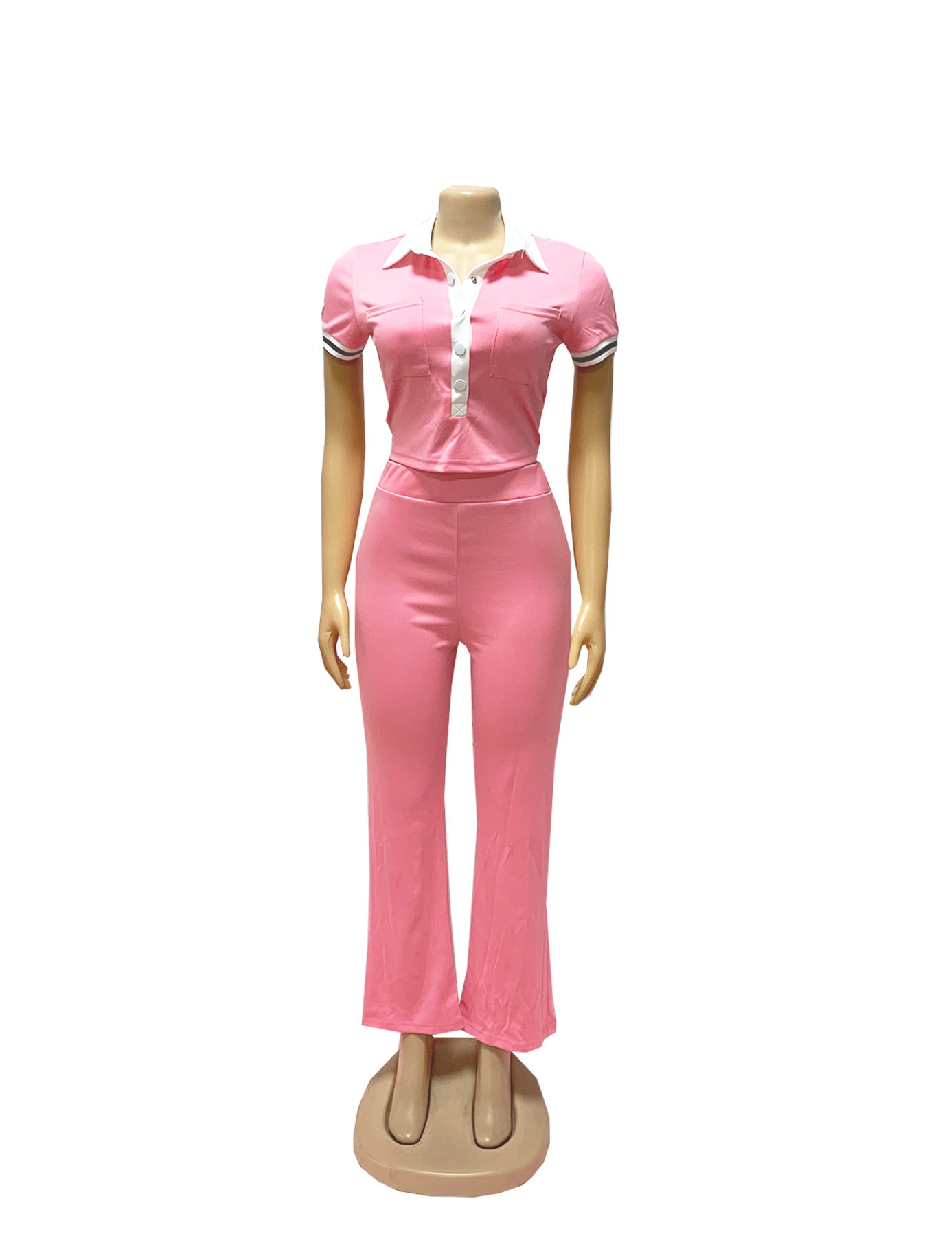 Women Spring and Summer Casual Polo Neck Top and Wide Leg Pants Contrast Color Casual Two Piece Set 7