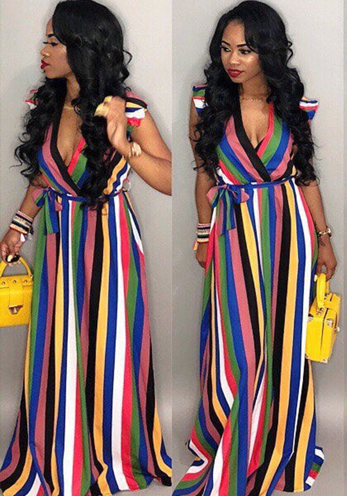 Women's Ruffled Sleeve Rainbow Striped Print Dress