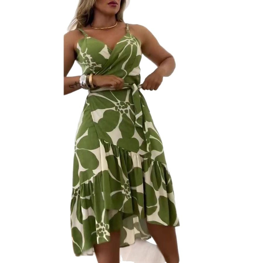 Women Summer Elegant Cross Neck Belt Floral Print Dress 5