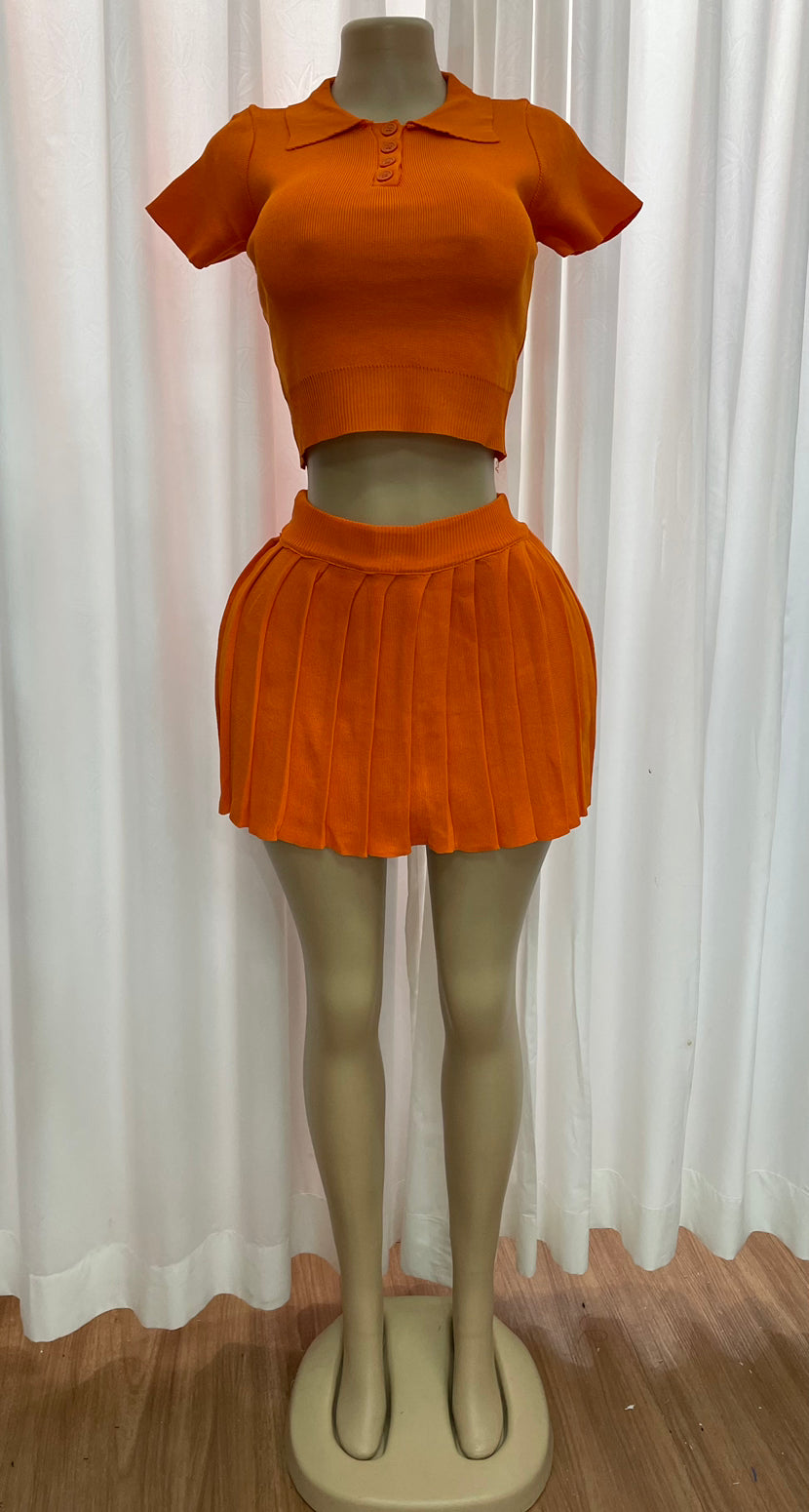 Women's Fashion Summer Knitting Turndown Collar Short Sleeve Top Pleated Skirt Two-Piece Set 3