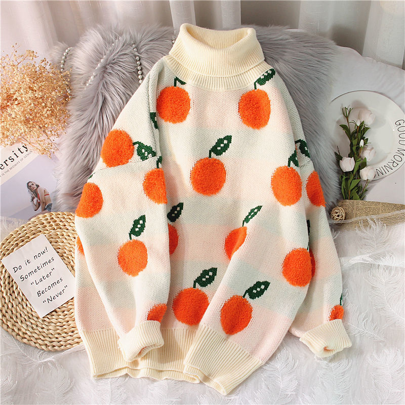 Women Fall/Winter Round Neck Sweater Fruit Jacquard Top 5