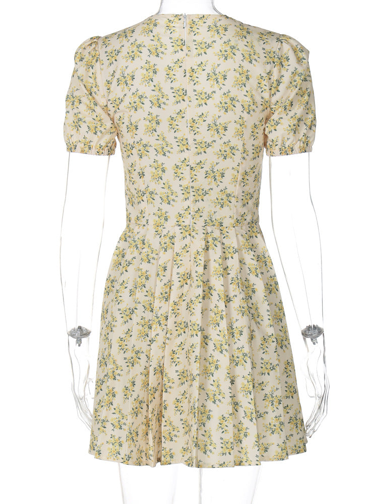 Women French Floral Sexy Chic V-neck Puff Sleeve Pleated Skirt 9