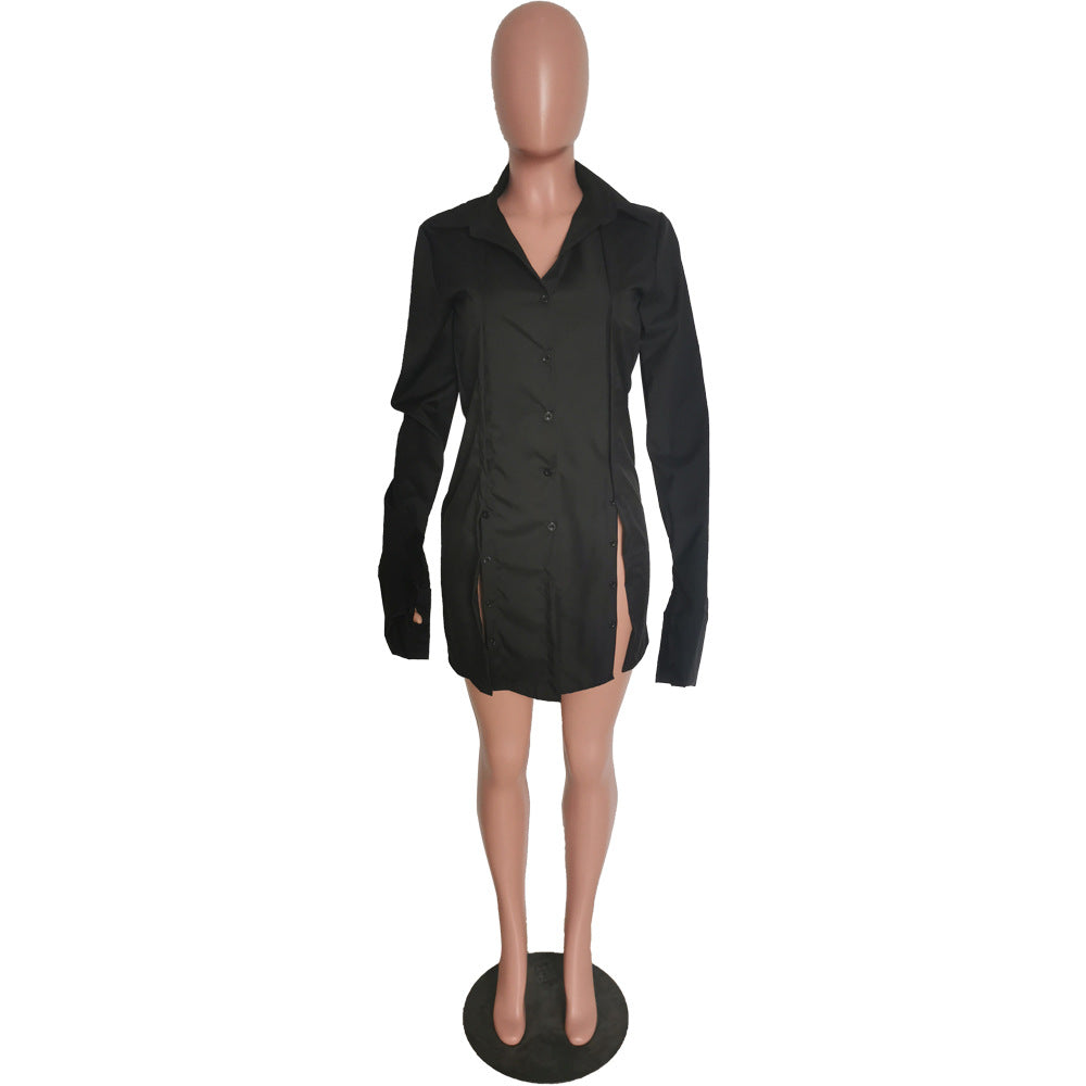 Women's Solid Color Single-Breasted Slit Long Sleeves Shirt Dress 21
