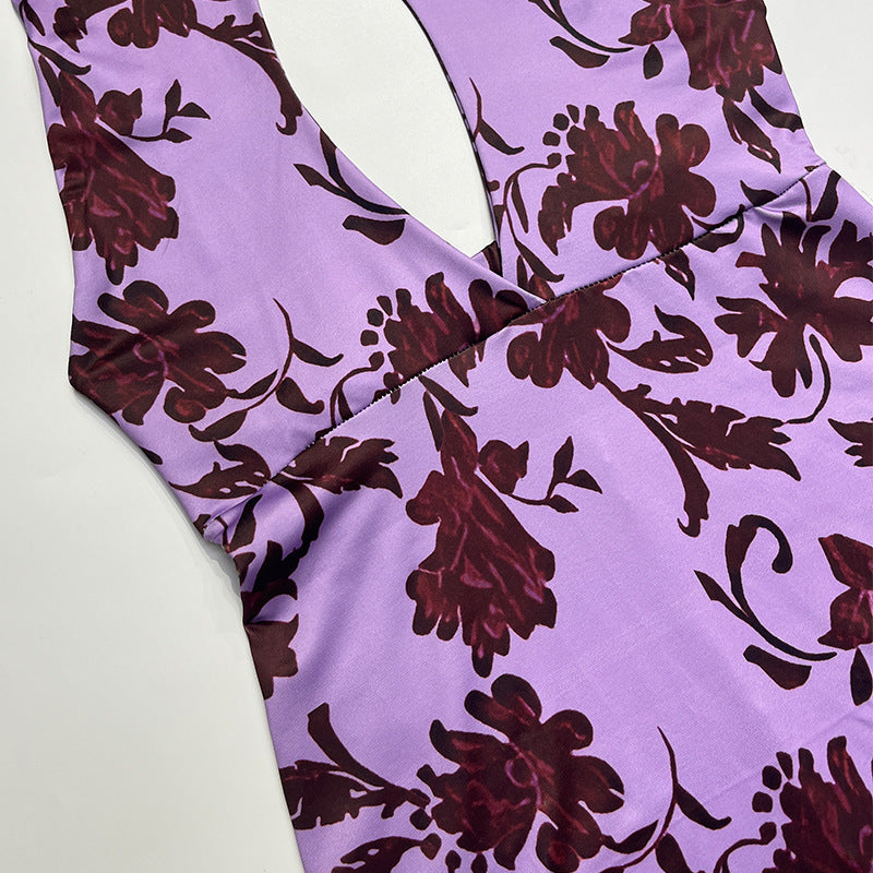 Spring Summer Women's Printed Halter Neck Lace-up Sexy Low-Back Slim Dress 13