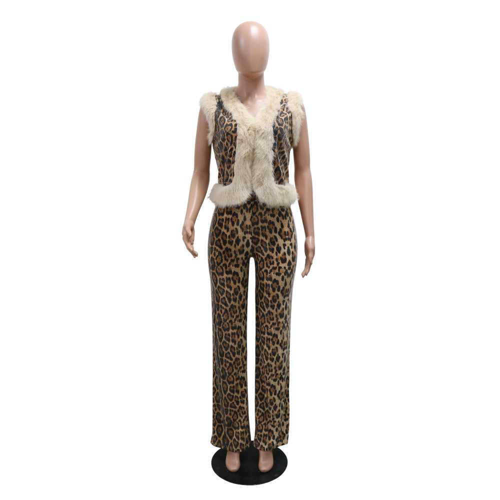 Women's Casual fashion leopard print sequins fur sleeveless top slim trousers two-piece set 6