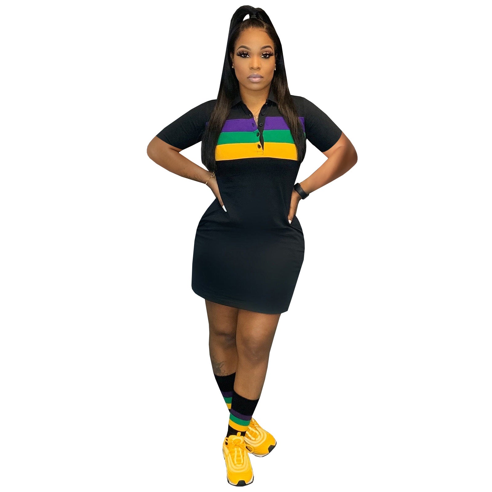 Women Career Printed Shirt Collar Short Sleeve Dress 8