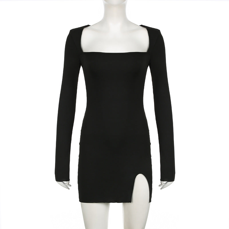 Women Solid Square Neck Long Sleeve Side Slit Hollow Backless Lace Mini Bodycon Dress 10