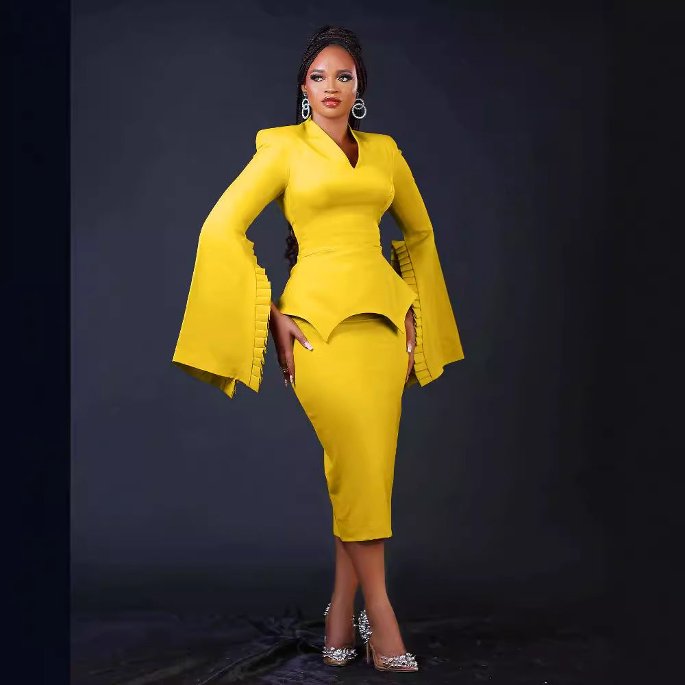 Women Solid Pleated Swing Sleeve V-Neck Dress 7