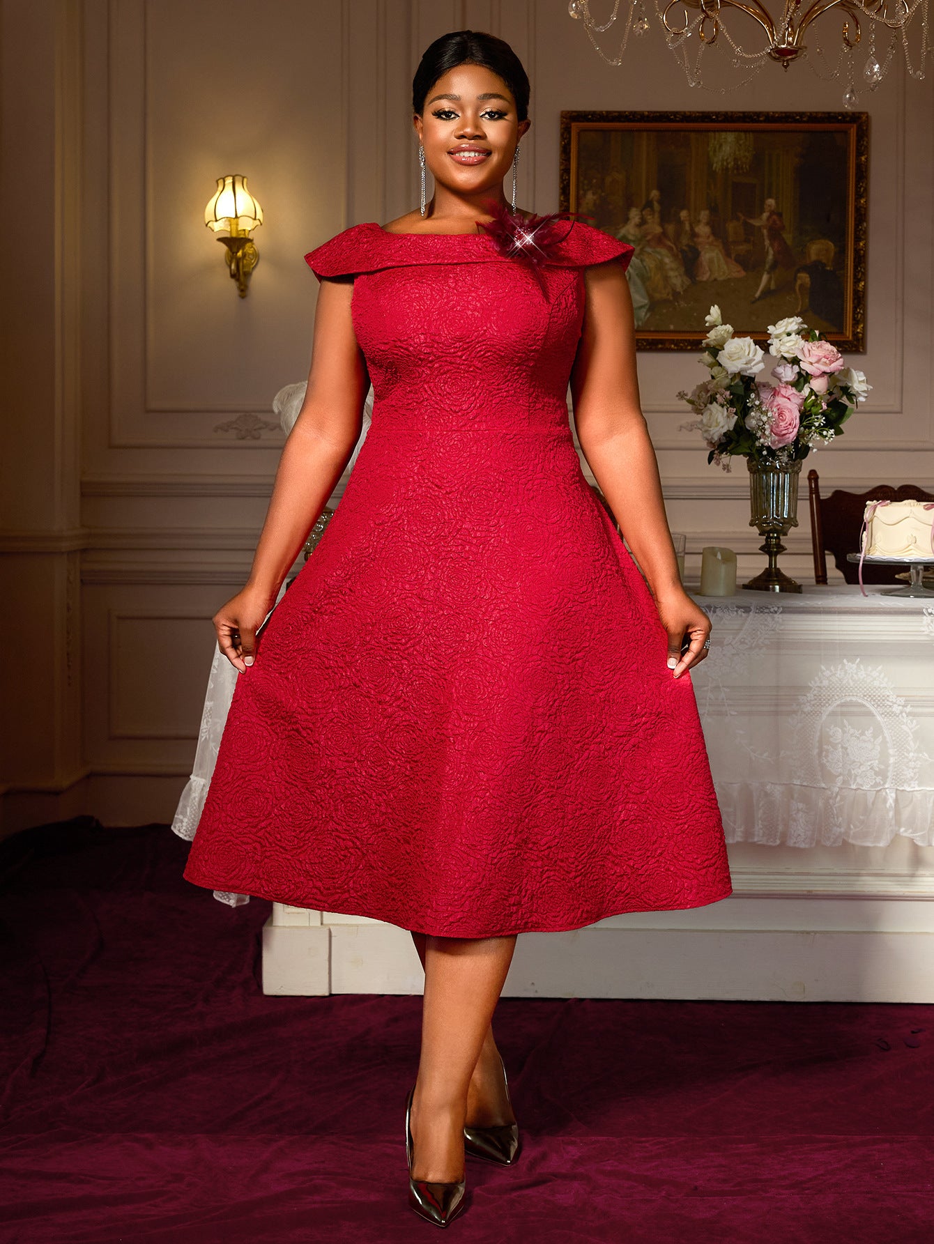 Plus Size jacquard a-line dress elegant ball gown
